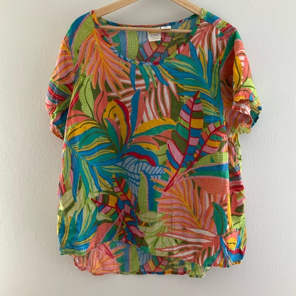 C&C California Tops - C&C California 1X Multicolor 100% Linen Tropical Foliage Print  High Low Top